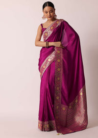 Purple Banarasi Saree With Woven Floral Pallu And Unstitched Blouse Piece