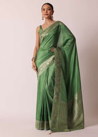 Green Banarasi Saree With Floral Motif Woven Pallu And Unstitched Blouse Piece