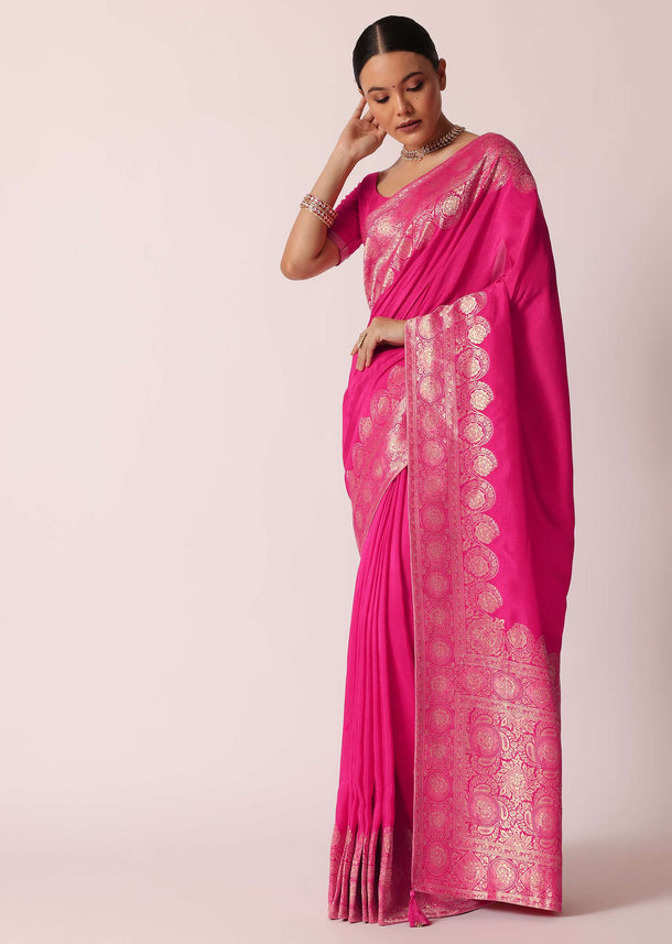 Pink Banarasi Dola Silk Saree With Woven Floral Detail And Unstitched Blouse Piece