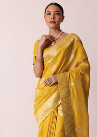 Mustard Yellow Banarasi Silk Saree With Zari Floral Motifs And Unstitched Blouse Piece