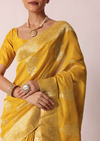 Mustard Yellow Banarasi Silk Saree With Zari Floral Motifs And Unstitched Blouse Piece