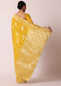 Mustard Yellow Banarasi Silk Saree With Zari Floral Motifs And Unstitched Blouse Piece