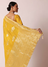 Mustard Yellow Banarasi Silk Saree With Zari Floral Motifs And Unstitched Blouse Piece