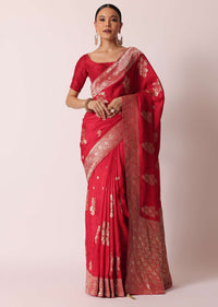 Red Banarasi Silk Saree With Woven Floral Motifs And Unstitched Blouse Piece