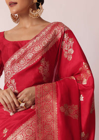 Red Banarasi Silk Saree With Woven Floral Motifs And Unstitched Blouse Piece
