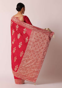 Red Banarasi Silk Saree With Woven Floral Motifs And Unstitched Blouse Piece