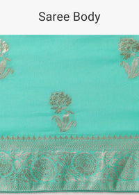 Turquoise Banarasi Saree With Floral Jaal Zari Pallu And Unstitched Blouse Piece