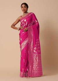 Rani Pink Banarasi Silk Saree With Floral Motif Pallu And Unstitched Blouse Piece