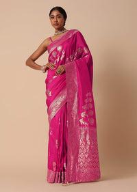 Rani Pink Banarasi Silk Saree With Floral Motif Pallu And Unstitched Blouse Piece