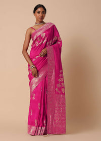 Rani Pink Banarasi Silk Saree With Floral Motif Pallu And Unstitched Blouse Piece