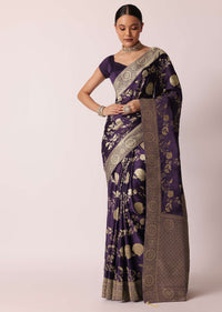 Purple Banarasi Saree With Floral Jaal Woven Pallu And Unstitched Blouse Piece