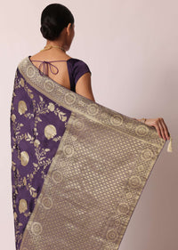 Purple Banarasi Saree With Floral Jaal Woven Pallu And Unstitched Blouse Piece