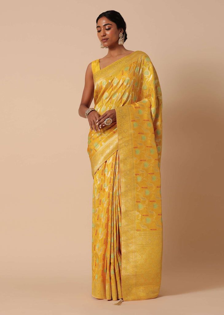 Yellow Banarasi Silk Saree With Meenakari Jaal Work And Unstitched Blouse Piece