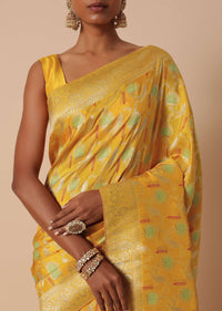 Yellow Banarasi Silk Saree With Meenakari Jaal Work And Unstitched Blouse Piece