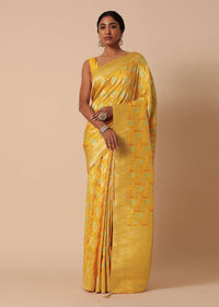 Yellow Banarasi Silk Saree With Meenakari Jaal Work And Unstitched Blouse Piece