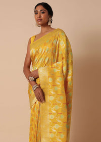 Yellow Banarasi Silk Saree With Meenakari Jaal Work And Unstitched Blouse Piece