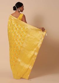 Yellow Banarasi Silk Saree With Meenakari Jaal Work And Unstitched Blouse Piece