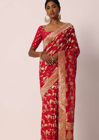 Red Khadi Gota Patti Banarasi Saree With Unstitched Blouse Piece