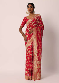 Red Khadi Gota Patti Banarasi Saree With Unstitched Blouse Piece