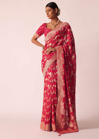 Coral Khaddi Bandhani Saree With Meenakari Detail And Unstitched Blouse Piece