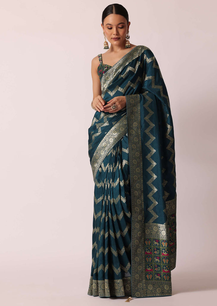 Blue Banarasi Silk Saree With Meenakari Work And Unstitched Blouse Piece