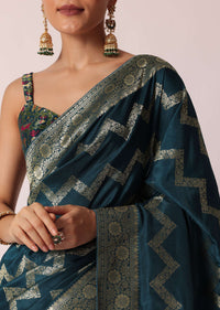 Blue Banarasi Silk Saree With Meenakari Work And Unstitched Blouse Piece