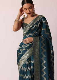 Blue Banarasi Silk Saree With Meenakari Work And Unstitched Blouse Piece