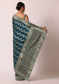 Blue Banarasi Silk Saree With Meenakari Work And Unstitched Blouse Piece