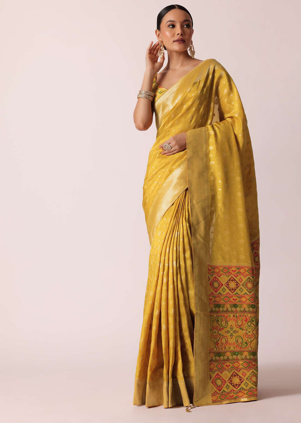 Mustard Yellow Banarasi Silk Handloom Saree With Meenakari Weave And Unstitched Blouse Piece