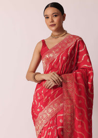 Red Banarasi Silk Saree With Diagonal Zari Stripes And Unstitched Blouse Piece