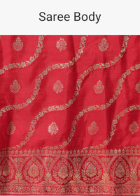 Red Banarasi Silk Saree With Diagonal Zari Stripes And Unstitched Blouse Piece