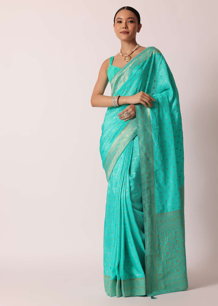 Blue Banarasi Silk Handloom Saree With Gold Zari Work And Unstitched Blouse Piece