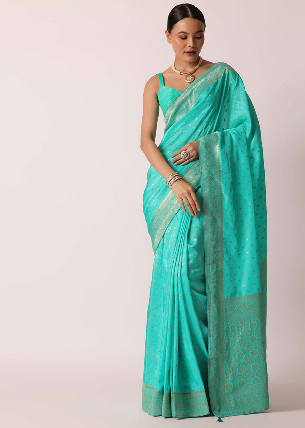 Blue Banarasi Silk Handloom Saree With Gold Zari Work And Unstitched Blouse Piece