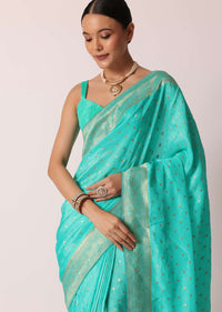 Blue Banarasi Silk Handloom Saree With Gold Zari Work And Unstitched Blouse Piece