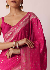 Pink Banarasi Silk Handloom Saree With Gold Zari Weave And Unstitched Blouse Piece