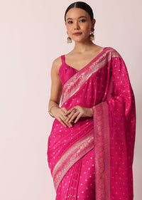 Pink Banarasi Silk Handloom Saree With Gold Zari Weave And Unstitched Blouse Piece