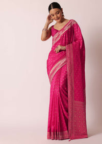 Pink Banarasi Silk Handloom Saree With Gold Zari Weave And Unstitched Blouse Piece