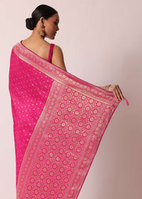 Pink Banarasi Silk Handloom Saree With Gold Zari Weave And Unstitched Blouse Piece