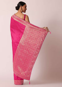 Pink Banarasi Silk Handloom Saree With Gold Zari Weave And Unstitched Blouse Piece