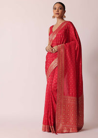 Red Dola Silk Saree With Woven Gold Buttis And Unstitched Blouse Piece