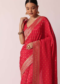 Red Dola Silk Saree With Woven Gold Buttis And Unstitched Blouse Piece