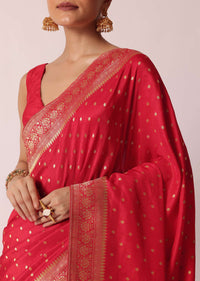 Red Dola Silk Saree With Woven Gold Buttis And Unstitched Blouse Piece