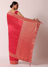 Red Dola Silk Saree With Woven Gold Buttis And Unstitched Blouse Piece