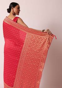 Red Dola Silk Saree With Woven Gold Buttis And Unstitched Blouse Piece