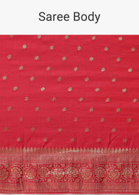 Red Dola Silk Saree With Woven Gold Buttis And Unstitched Blouse Piece