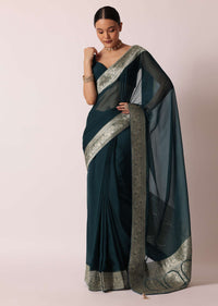 Teal Blue Banarasi Silk Saree With Unstitched Blouse Piece