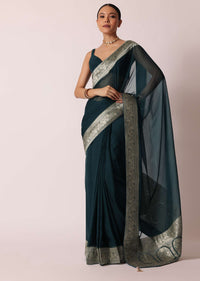 Teal Blue Banarasi Silk Saree With Unstitched Blouse Piece