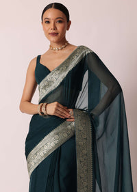 Teal Blue Banarasi Silk Saree With Unstitched Blouse Piece