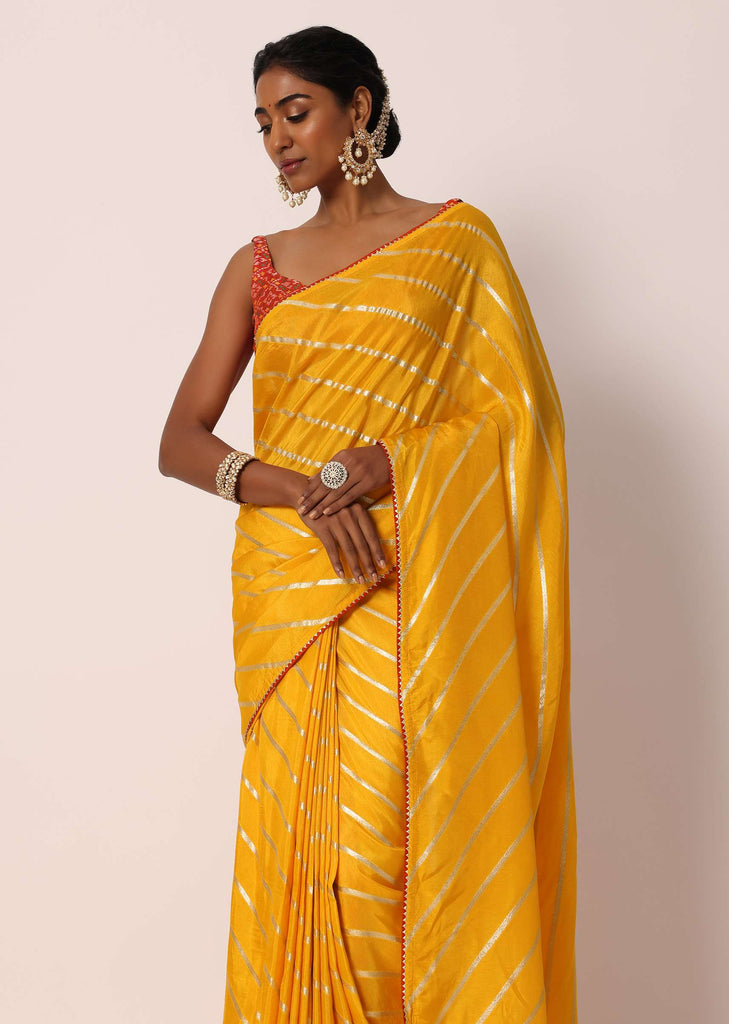 Mustard Yellow Dola Silk Saree With Diagonal Lurex Zari Stripes And Unstitched Blouse Fabric