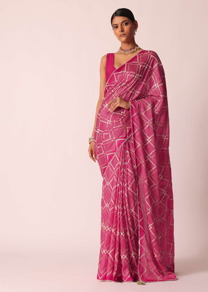 Pink Bandhani Saree With Gota Detail And Unstitched Blouse Piece